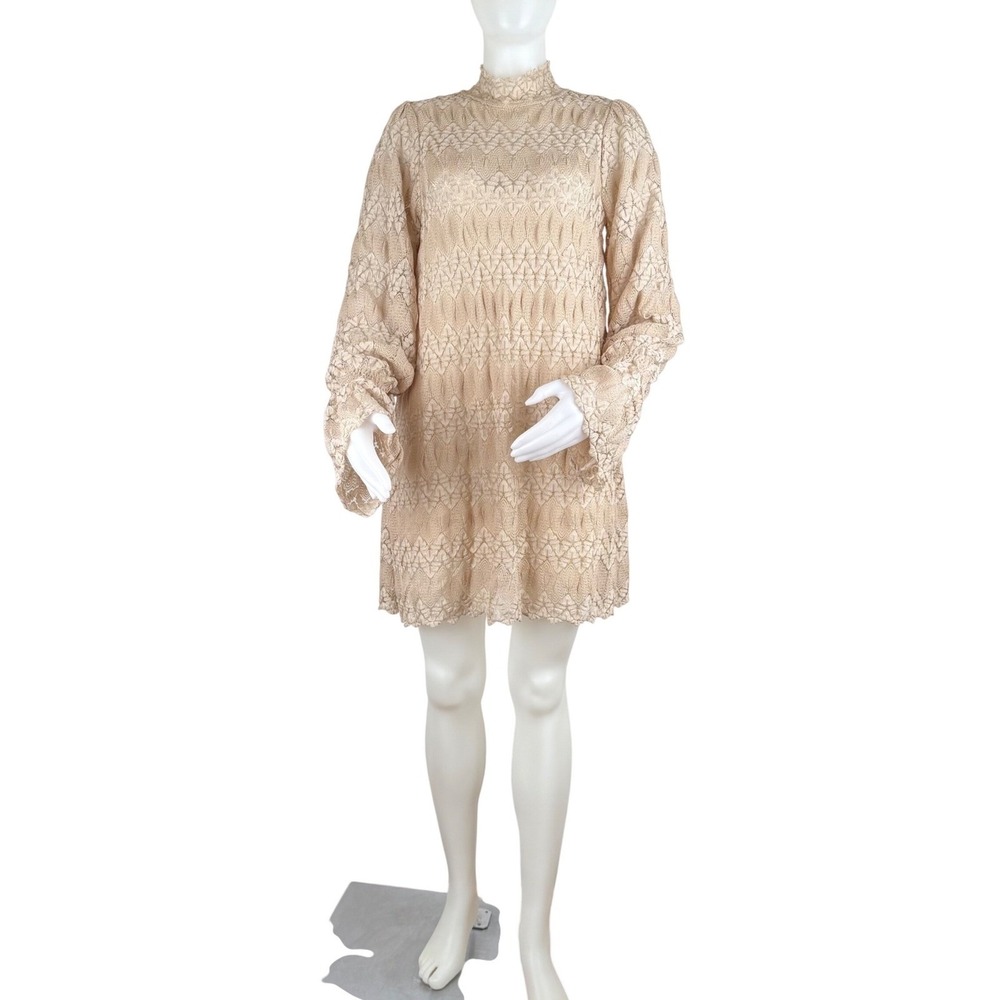 Free People Beige Lace Mock Neck Mini Dress Long Flare Sleeve Keyhole Back Small